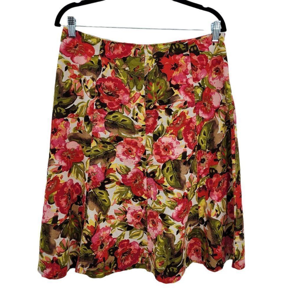 Christopher & Bank Skirt Womens 10 Linen Cottage Core Floral A-line Midi Pink